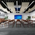 Spacious Classroom Interior With Wooden Desks Chairs Large Screen And Green Plants
