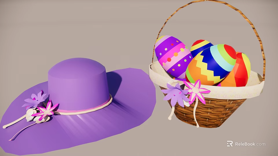 Purple Easter Hat With Pink And Purple Flowers And Colorful Eggs Basket 3d model 