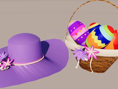 Purple Easter Hat With Pink And Purple Flowers And Colorful Eggs Basket 3d model