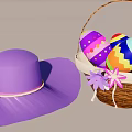 Purple Easter Hat With Pink And Purple Flowers And Colorful Eggs Basket