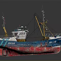 Fishing Boat With Blue And Red Hull Featuring Fishing Cranes And Equipment