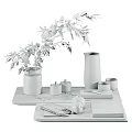 Decorative Ornament Set With Wooden Tray Green Vase Plant Candles Glassware Green Apples And Notebook