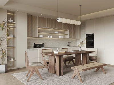 Contemporary Restaurant Dining Space With Wooden Table Chairs And Pendant Lighting 3d model