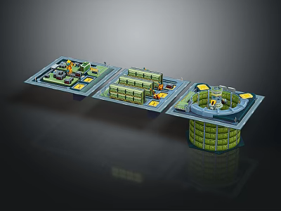 Cartoon Scene Layout With Green Platforms Yellow Blocks And Circular Building 3d model