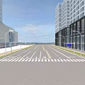 Modern Municipal Road With Pedestrian Walkway Green Median Street Lamps And Modern Buildings