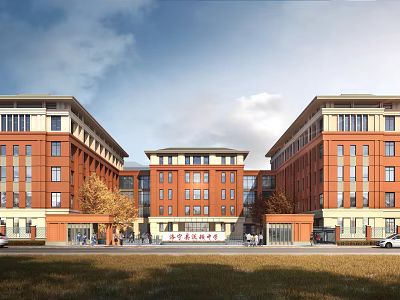 Modern Red brick School Campus Building With Symmetric Wings Central Entrance And Green Surroundings 3d model