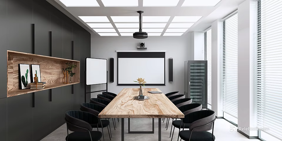 Modern Meeting Room With Wooden Table Black Chairs Whiteboard Projector Windows And Shelves With Plants 3d model 
