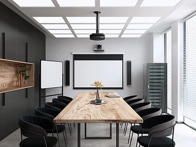 Modern Meeting Room With Wooden Table Black Chairs Whiteboard Projector Windows And Shelves With Plants 3d model