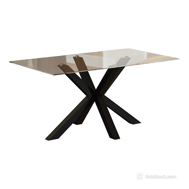 Modern Dining Table With Glass Top And Black X Shaped Legs 3d model 