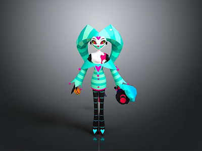 3D Cartoon Character With Geometric Teal Headwear Striped Clothing And Purple Object 3d model