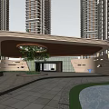 Modern High Rise Residential Entrance Gate With Curved Roof And Pool Landscaping