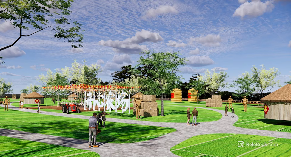 Rural Farm Landscape With Lush Grass Green Trees People Tractor And Wooden Structures 3d model 