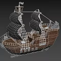 Pirate Ship Model With Black Sails Wooden Hull And Skull Flag Design