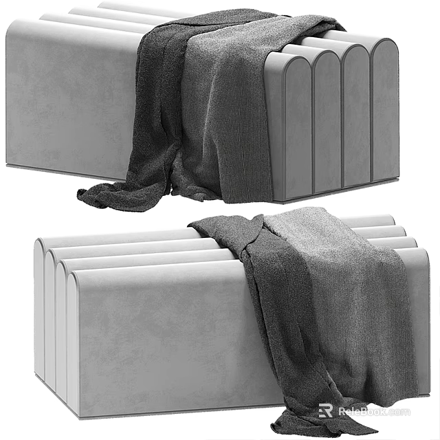 Modern Gray Fabric Ottoman With Structured Design And Cozy Throw Blanket 3d model