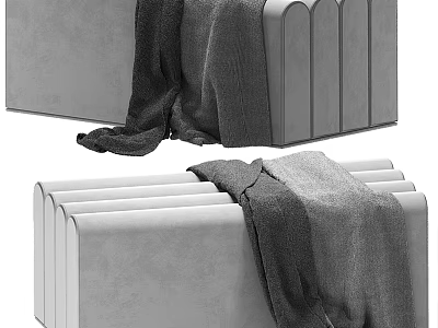 Modern Gray Fabric Ottoman With Structured Design And Cozy Throw Blanket 3d model