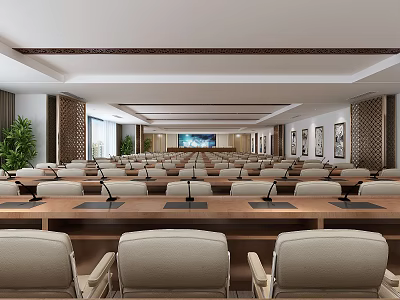 Spacious Conference Room Interior With Rows Of Chairs Tables Projection Screen And Decorative Paintings 3d model