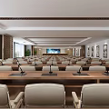 Spacious Conference Room Interior With Rows Of Chairs Tables Projection Screen And Decorative Paintings