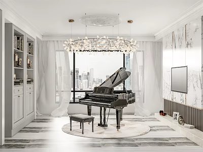 Modern Piano Room Interior With Grand Piano And Crystal Chandelier 3d model