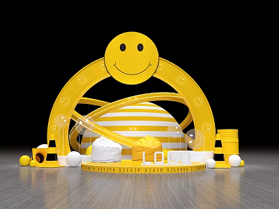 Yellow Smiley Face Arch Decorative Structure With Striped Sphere And Ornaments 3d model