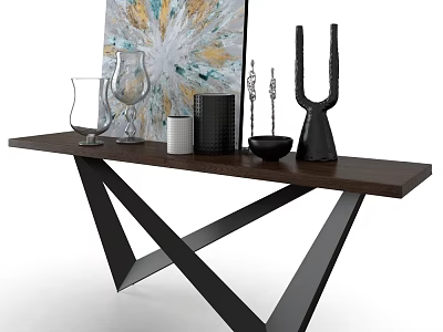 Modern Dining Table With Wooden Top Geometric Metal Legs Decorative Items And Abstract Painting 3d model