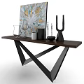 Modern Dining Table With Wooden Top Geometric Metal Legs Decorative Items And Abstract Painting