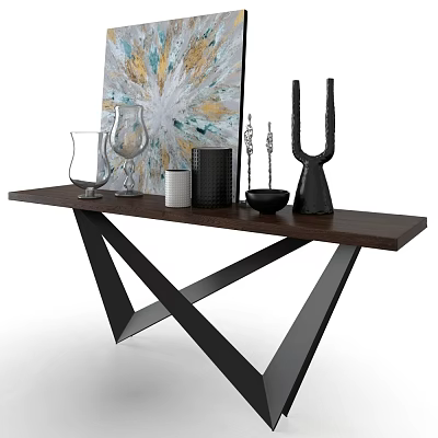 Modern Dining Table With Wooden Top Geometric Metal Legs Decorative Items And Abstract Painting 3d model