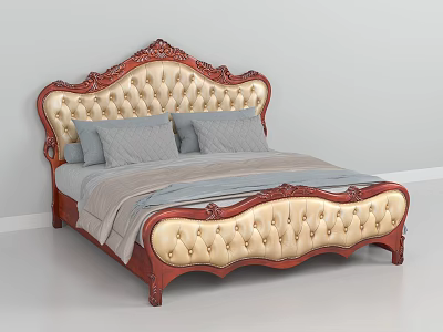 Classic Carved Double Bed With Cream Tufted Headboard Wooden Frame And Gray Pillows 3d model