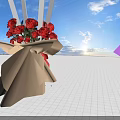 Artistic Floral Installation With Colorful Wrapped Red Flower Bouquets Against Blue Sky