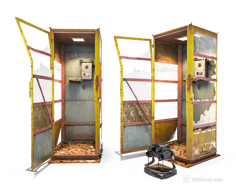 Old Public Phone Booths With Open Doors And Interior Equipment Structure 3d model 