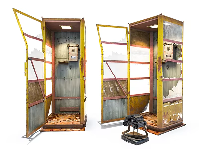 Old Public Phone Booths With Open Doors And Interior Equipment Structure 3d model