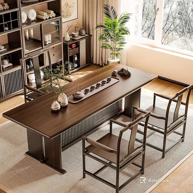 Elegant Traditional Chinese Tea Table And Chairs With Wooden Design And Tea Set 3d model 