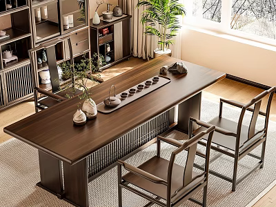 Elegant Traditional Chinese Tea Table And Chairs With Wooden Design And Tea Set 3d model