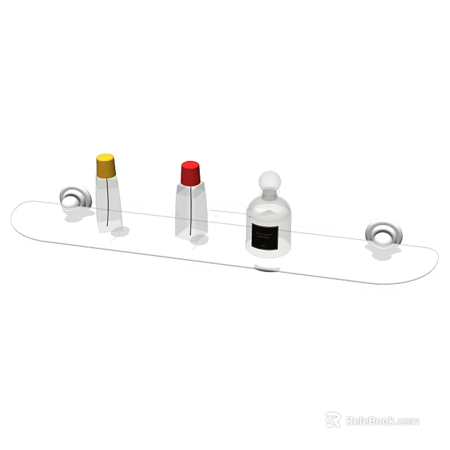Stylish Bathroom Accessories Glass Shelf With Three Bottles Colored Caps And Metal Rings 3d model 