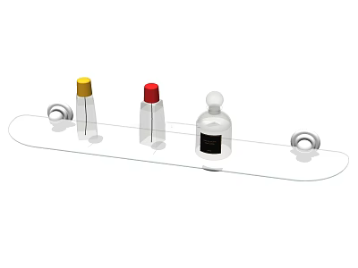 Stylish Bathroom Accessories Glass Shelf With Three Bottles Colored Caps And Metal Rings 3d model