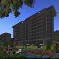 Modern Residential Building with Elegant Facade Landscaped Garden Greenery and Outdoor Seating