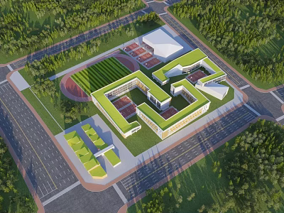Aerial Campus Planning Design With Green Roofs Sports Field And Surrounding Trees 3d model