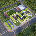Aerial Campus Planning Design With Green Roofs Sports Field And Surrounding Trees