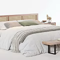 Modern Minimalist Double Bed with Rattan Headboard Bedside Tables Decorative Vases Soft Quilt and Pillows