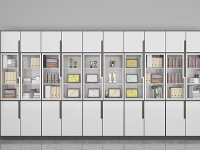 Modern White Bookcase With Black Handles Filled With Books Trophies Photo Frames And File Boxes 3d model