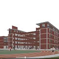 Red Brick Multi Story School Building with Sports Ground and Surrounding Green Trees