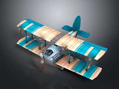 Vintage Blue White Biplane 3D Model With Wooden Metal Material For Aerospace 3d model