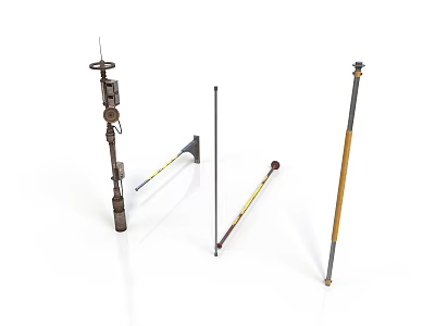 Various Structural Poles With Metal Rods Wooden Handles And Top Mounts 3d model