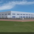 Modern Industrial Factory Building Featuring White Exterior Large Windows and Green Lawn Front