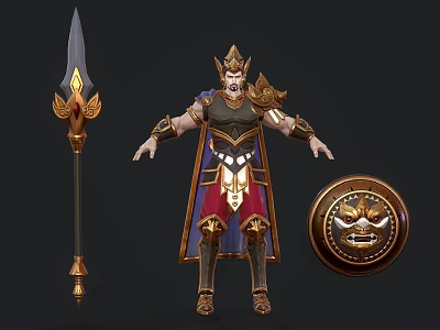 Legendary Game Character Warrior With Golden Armor Spear Red Cloak And Shield 3d model