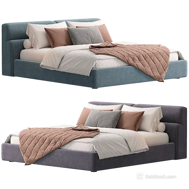 Modern Bed Interior Design With Blue Grey Upholstered Headboard Multiple Pillows And Blanket 3d model