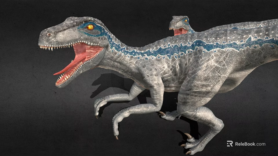 Game Movie Dinosaur Character With Open Mouth Blue Stripes And Sharp Teeth 3d model 
