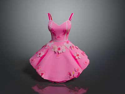 Cute Pink Spaghetti Strap Dress With Flower Decorations And Flared Skirt 3d model