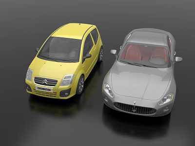 Two Different Colored Cars Yellow Small And Silver Luxury Sports Car Front View 3d model