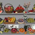 Fresh Assorted Fruits Displayed in Baskets Bowls on Shelves with Colorful Arrangement