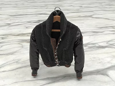 Stylish Black Jacket With High Collar Stitched Details Contrasting Fabric Sleeves On Hanger Marble Floor 3d model